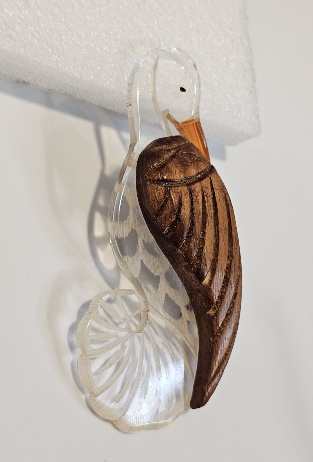 Vintage lucite and wood brooch bird stork