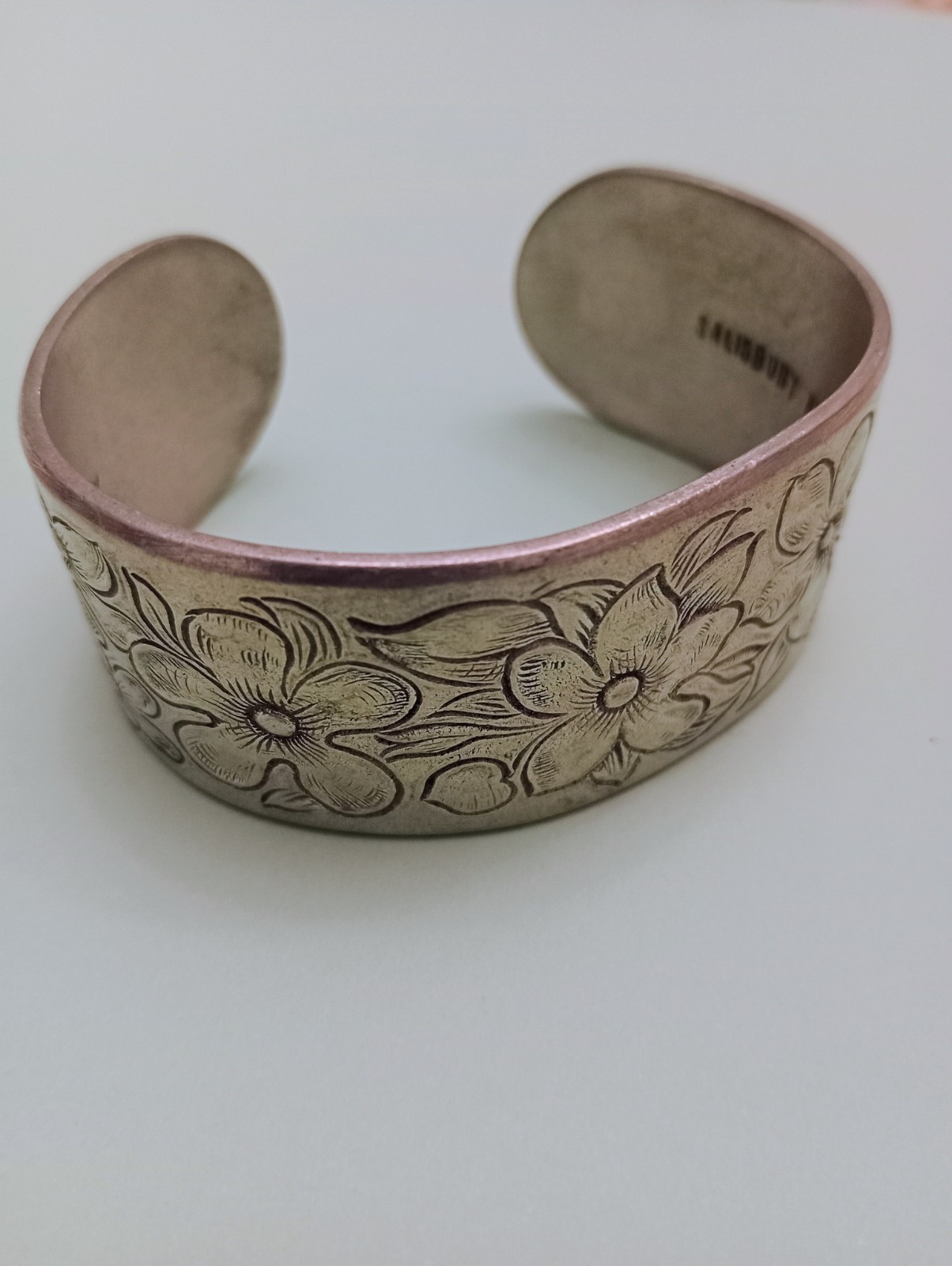 Salisbury Pewter Cuff Bracelet Floral “February” Vtg