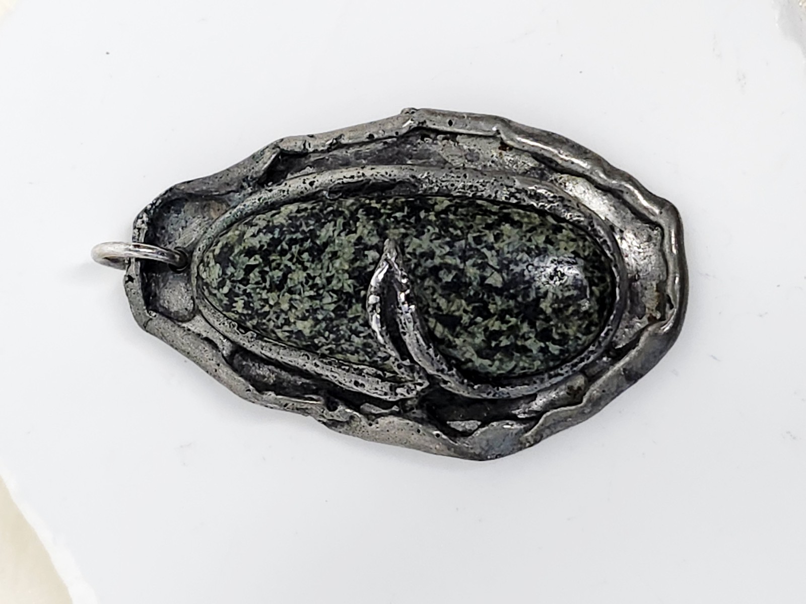 Handmade Nickel Silver Or Pewter Pendant W Polished Black & Green Stone – 2″ L