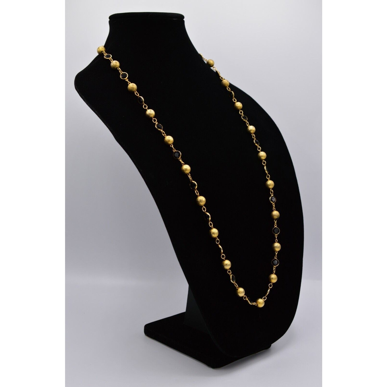 Austrian Crystal USA Vintage Necklace Black Open Bezel Gold Ball Signed 80s Bin8