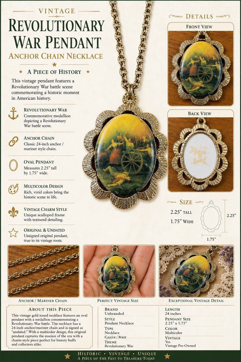 Vintage Revolutionary War Battle Scene Pendant Necklace 24″ Mariner Chain