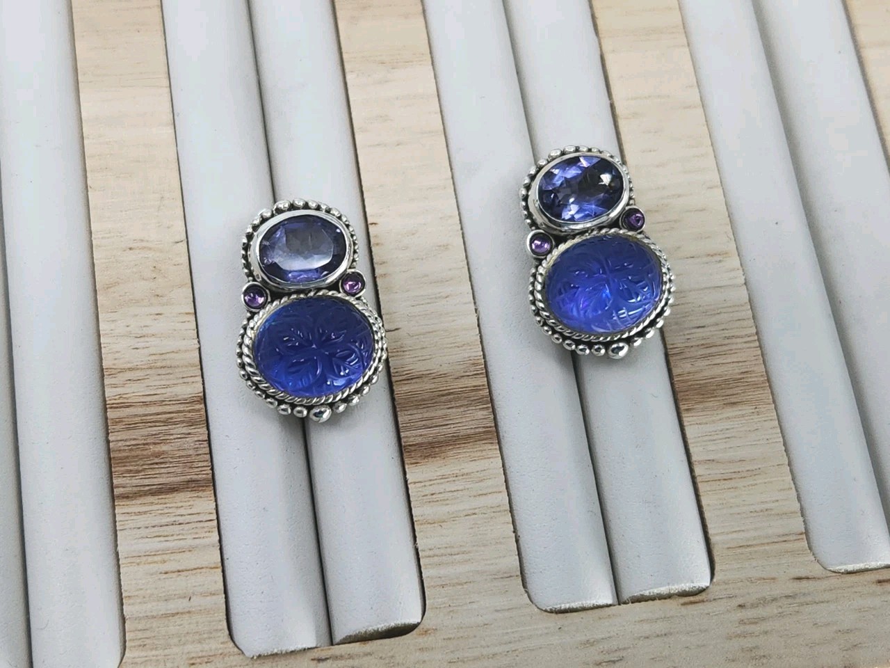 Stephen Dweck Sterling Silver Carved Blue Quartz Iolite Clip On Earrings