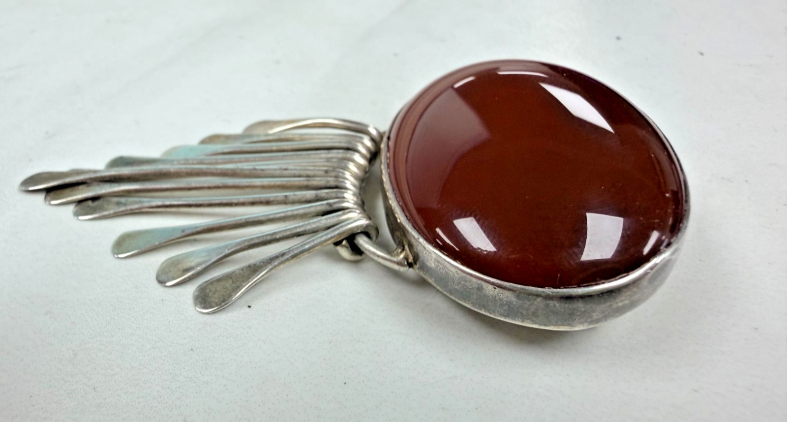 Vintage AIS Mexico Sterling Silver Deep Red Carnelian Cabochon Brooch Pendant
