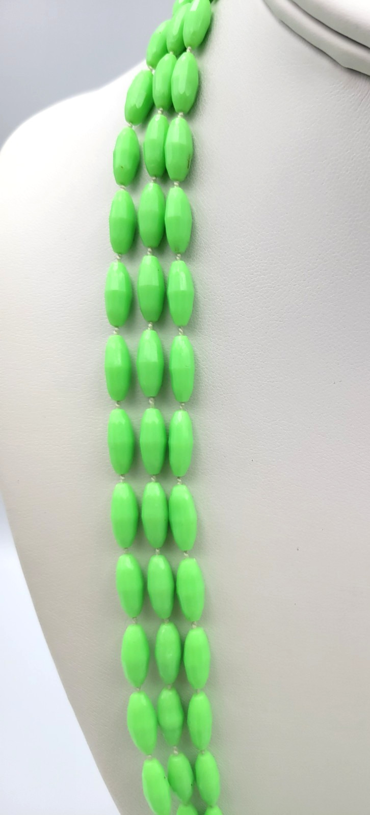 Vintage Lime Green 3 Strand Plastic Bead Necklace Hong Kong Long 50″