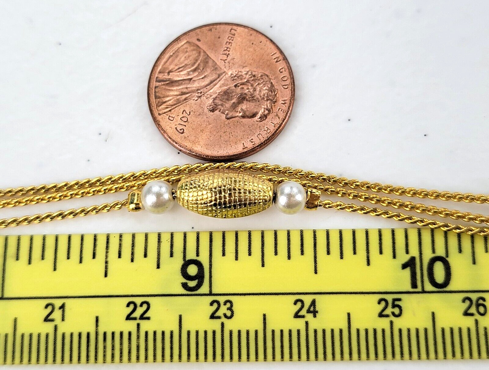 Gold -Tone Oval Bead And White Faux Pearl Charm Station Necklace 29.5 in