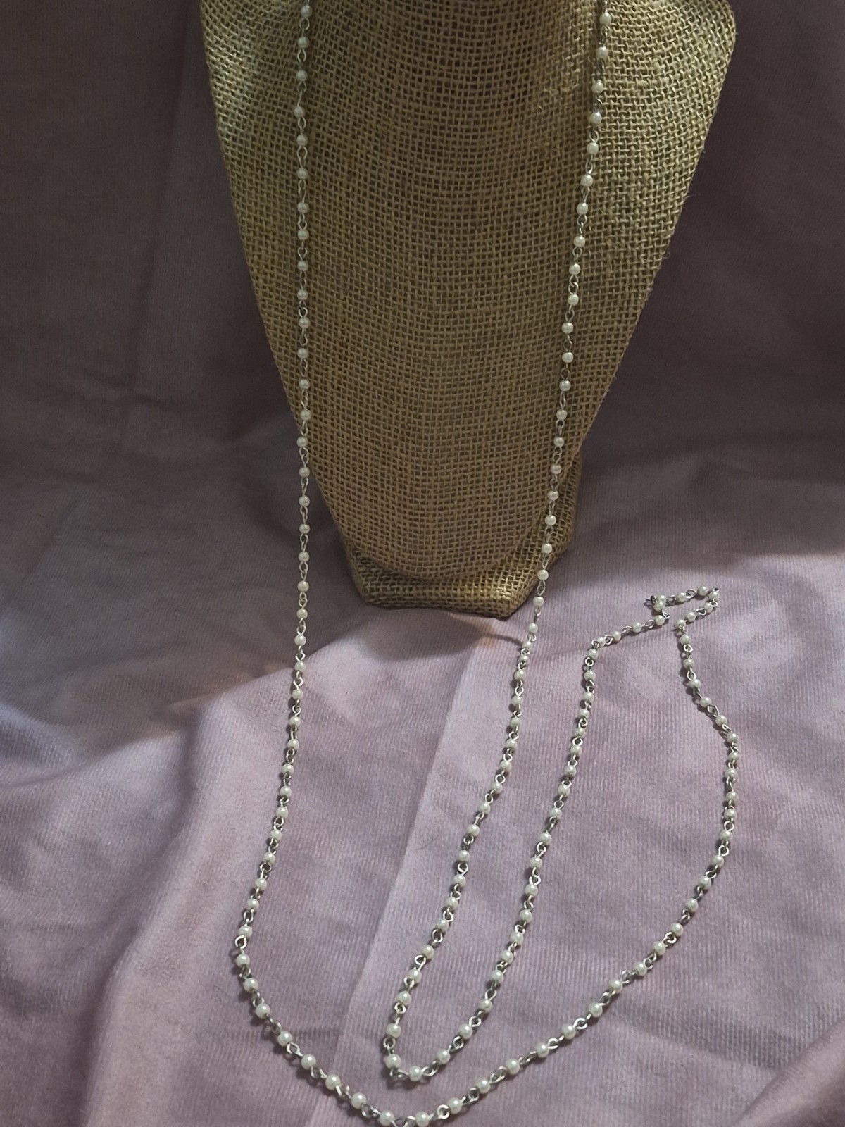 Vintage Long White Rosary Style Station Necklace- No Clasp