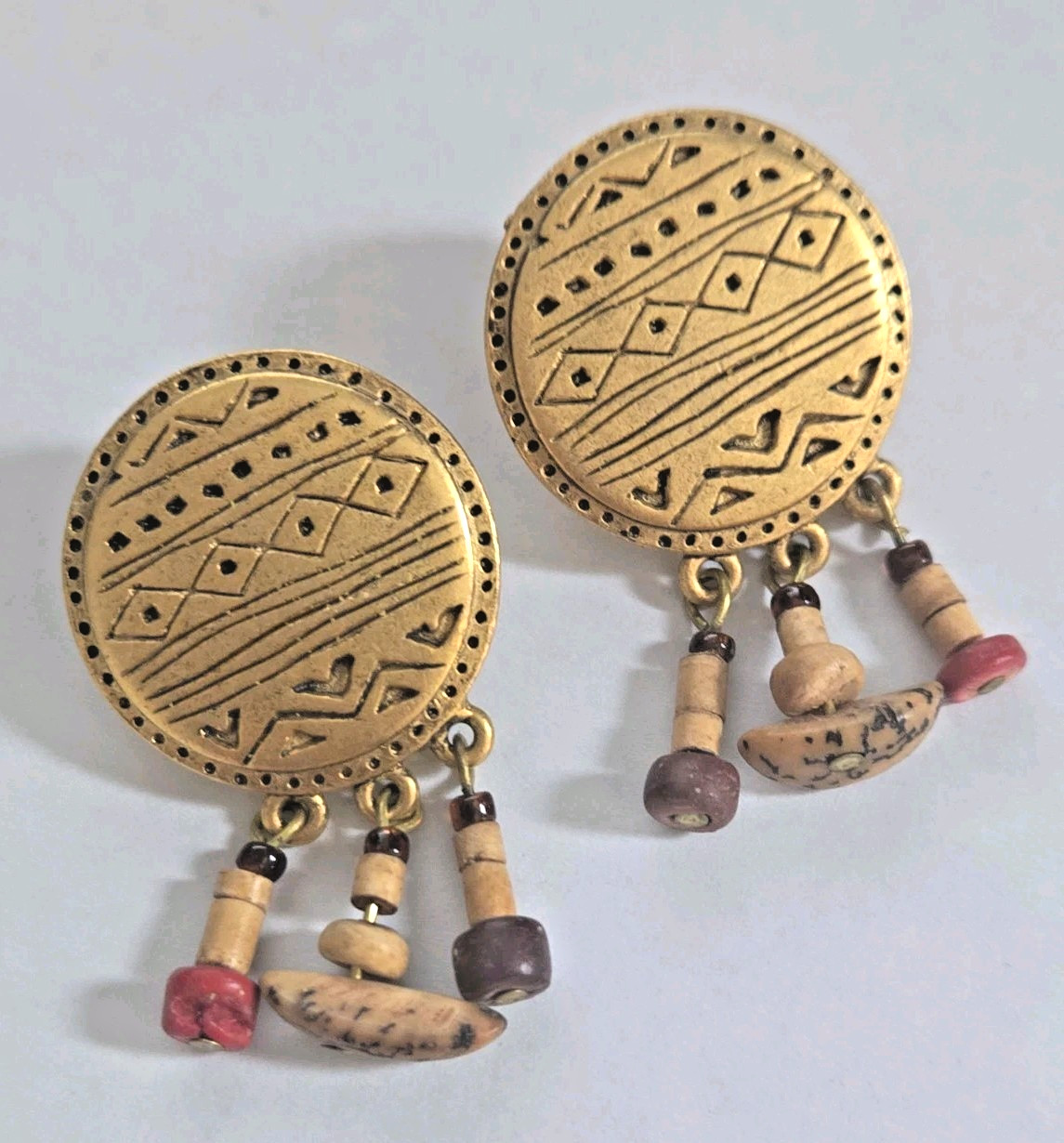 Vintage Disney Brass Lion King Tribal Symbol etched Round Beaded Earrings