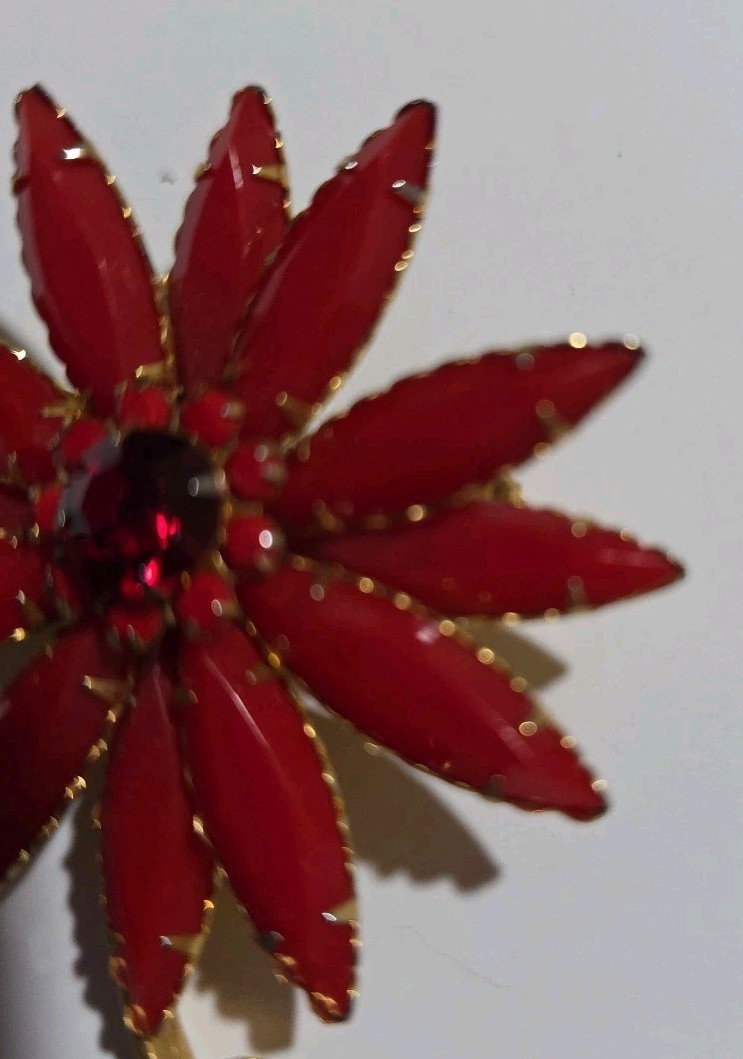 Vintage Red & Gold Lucite/Glass Flower Brooch Approximately 3-1/2 Inch