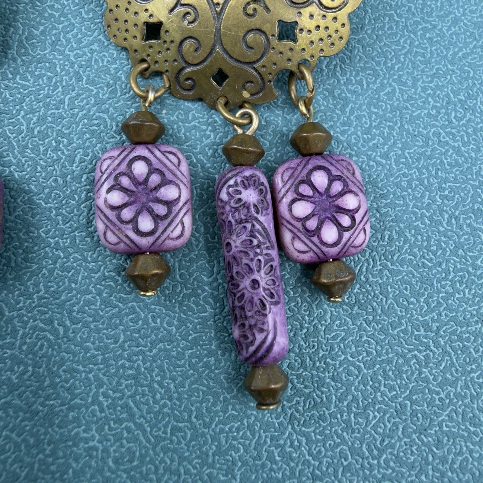 Vintage SIGNED JUN ✨ Boho Dangle Purple Brass Beaded Southwestern Gypsy EARRINGS