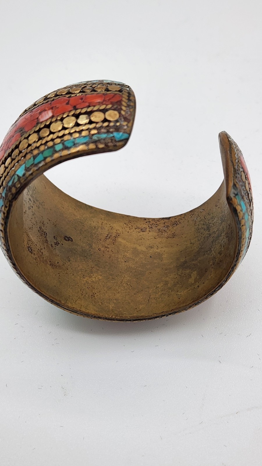 Vintage Brass Tibetan Style Inlaid Cuff Bracelet Multi Color Stones