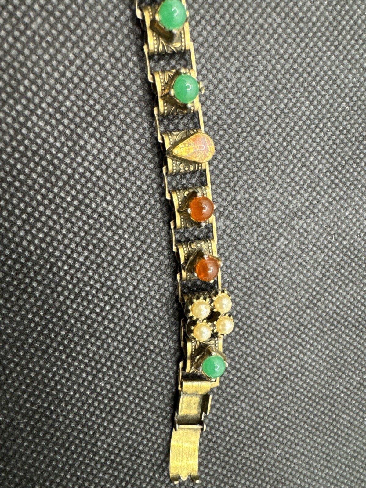 CC1127 Vtg Victorian Revival Book Chain Bracelet Faux Pearl, Opal, Emerald, Ruby