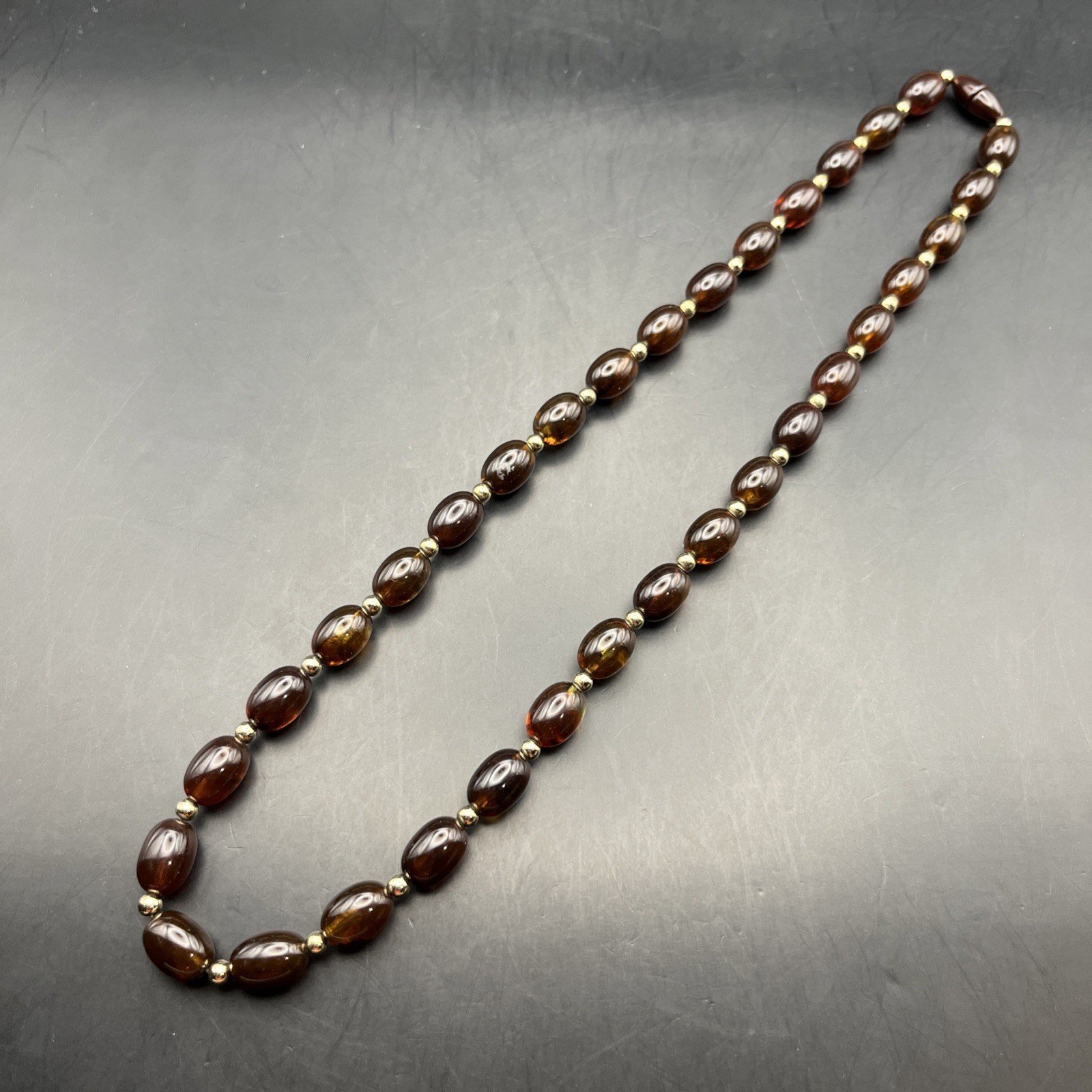 Faux Amber Lucite Necklace Beaded Gold Tone 23 Inch Honey Color Classic Vintage