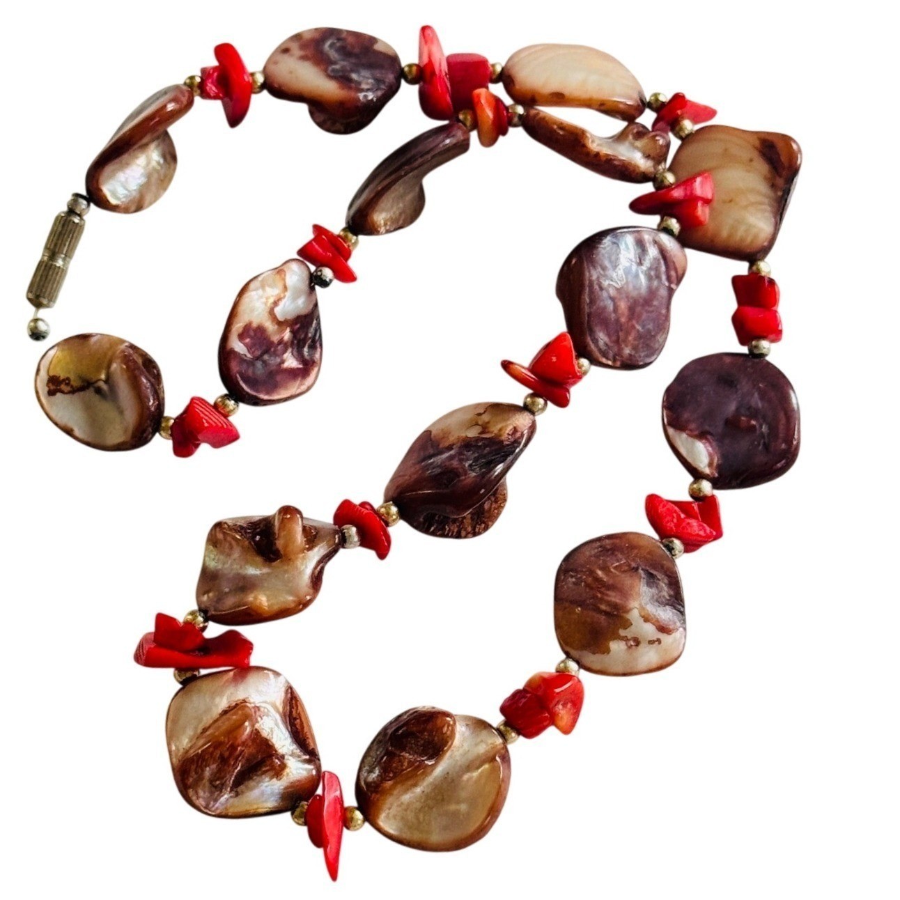 VTG BOHO chunky Coral Abalone Shell Natural Necklace Collar Genuine Beads 17″L