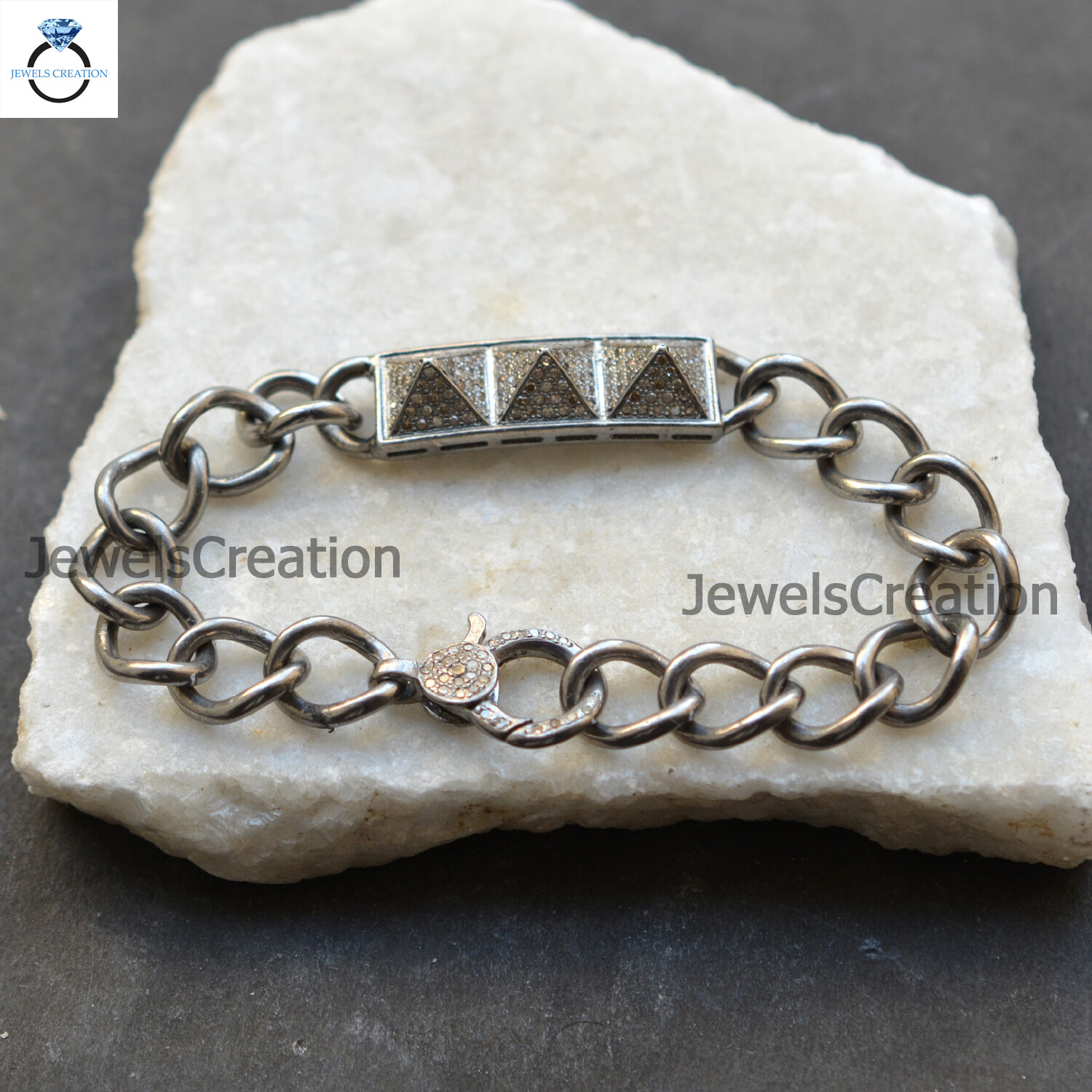 Pave Diamond Connector Link Chain Bracelet 925 Silver Jewelry Lobster Clasp Claw