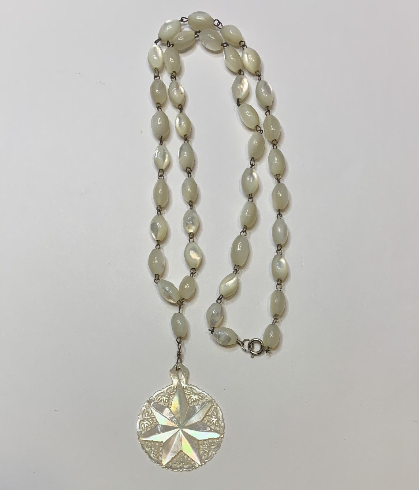 Vintage Mother of Pearl Bead Necklace with Star of Bethlehem MOP Pendant 23”