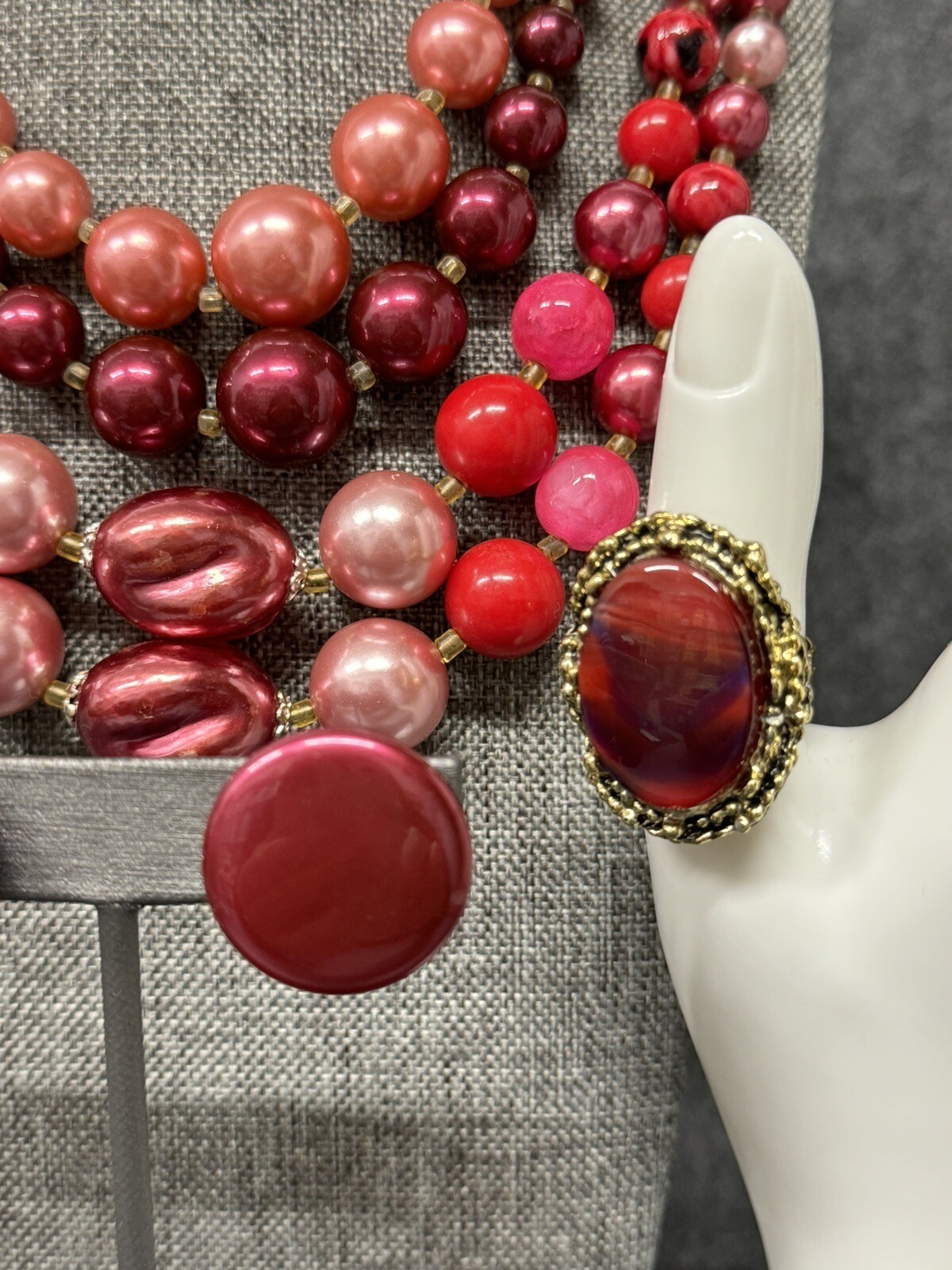 Vintage Purple Pink Red Multi Strand Beaded Necklace Japan Plastic Earrings Ring