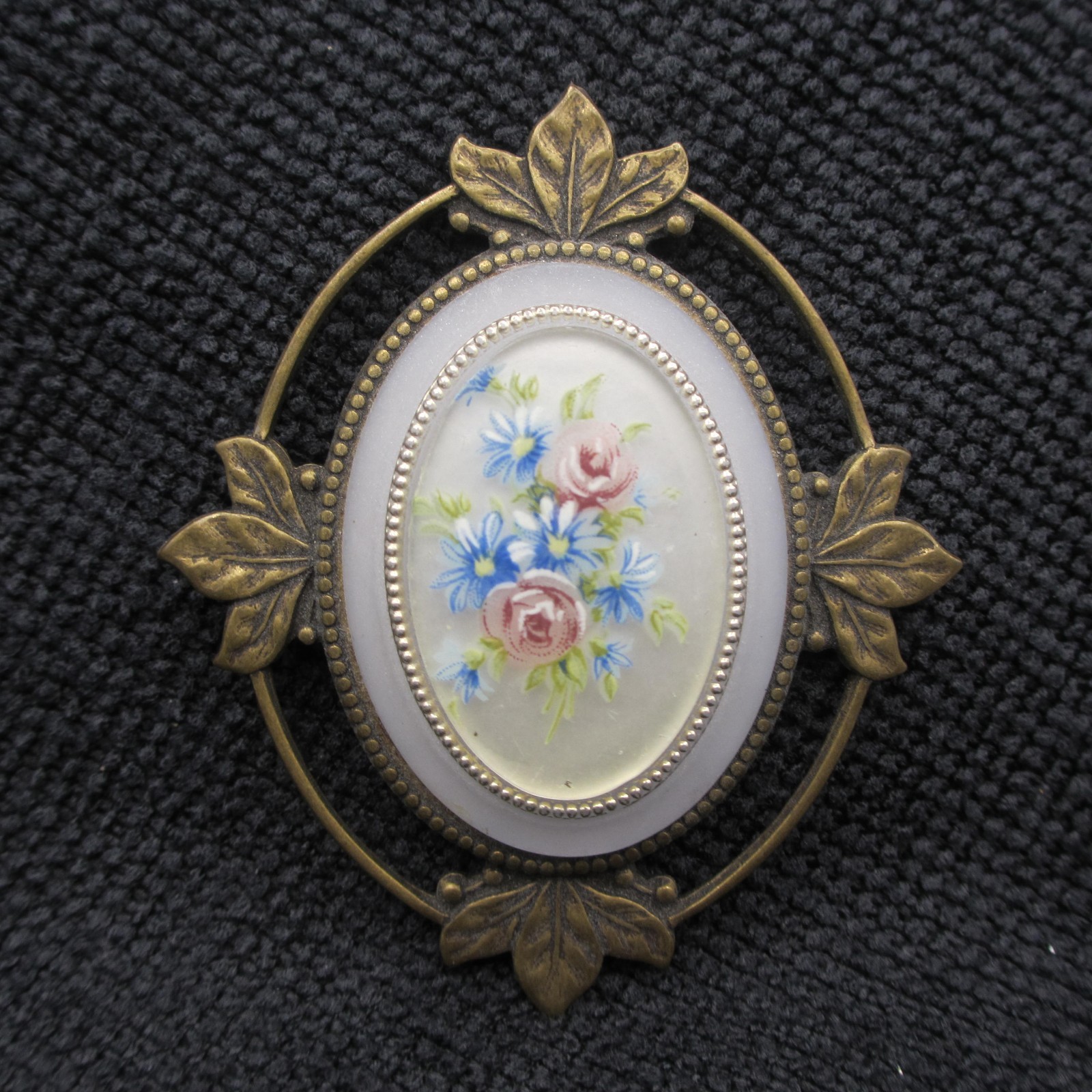 Vintage Victorian Revival Brooch Floral Bouquet Pastel Leaf Frame Gold Tone