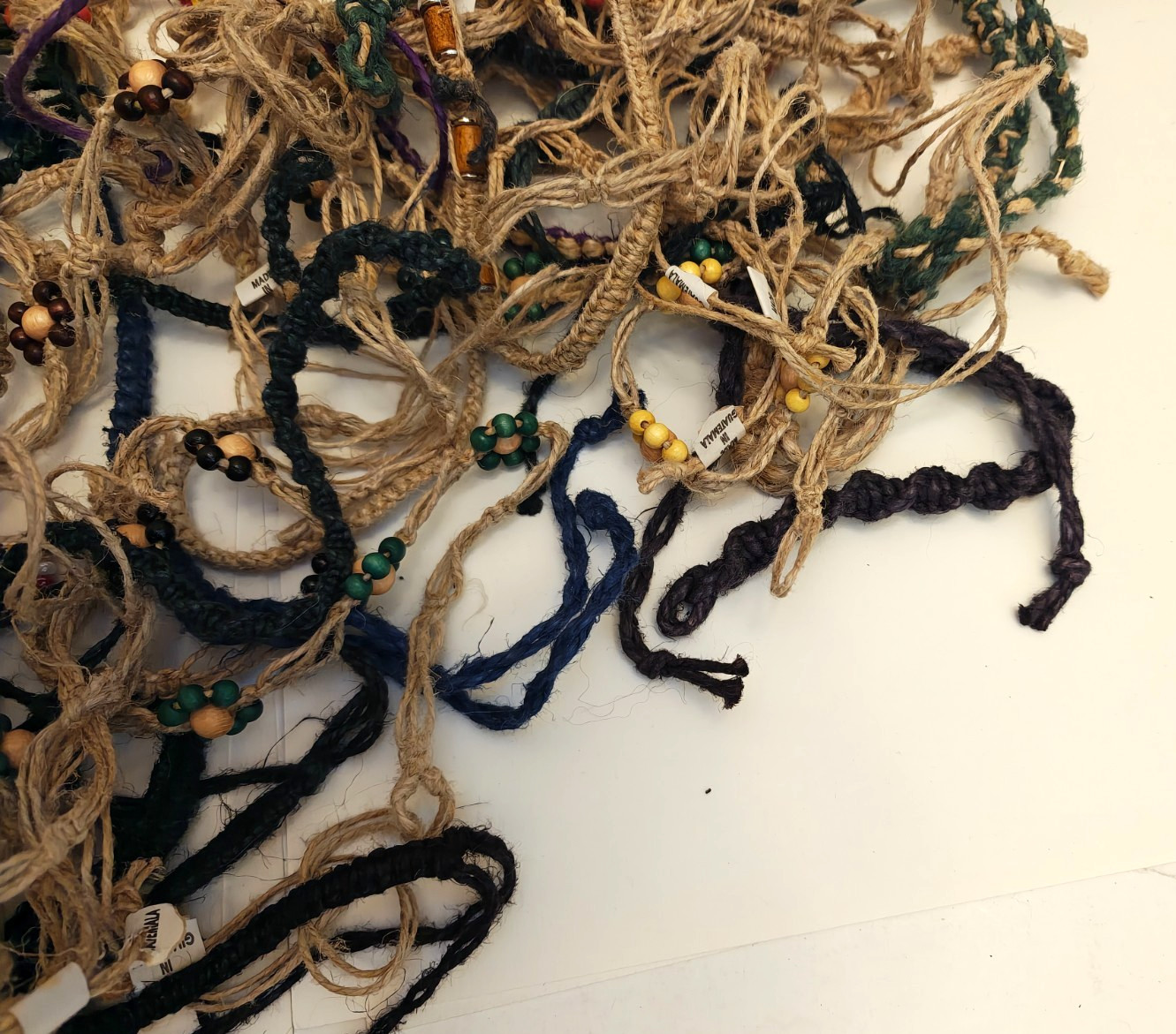 VINTAGE LOT OF HEMP BRACELETS, ANKLETS, NECKLACES; DARK & LIGHT; 1980’S NEW! #1