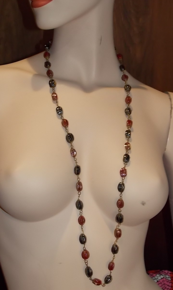 Vintage Red Black Molded Glass Wire Wrapped Link 38″ Long Wired Necklace 8b 20