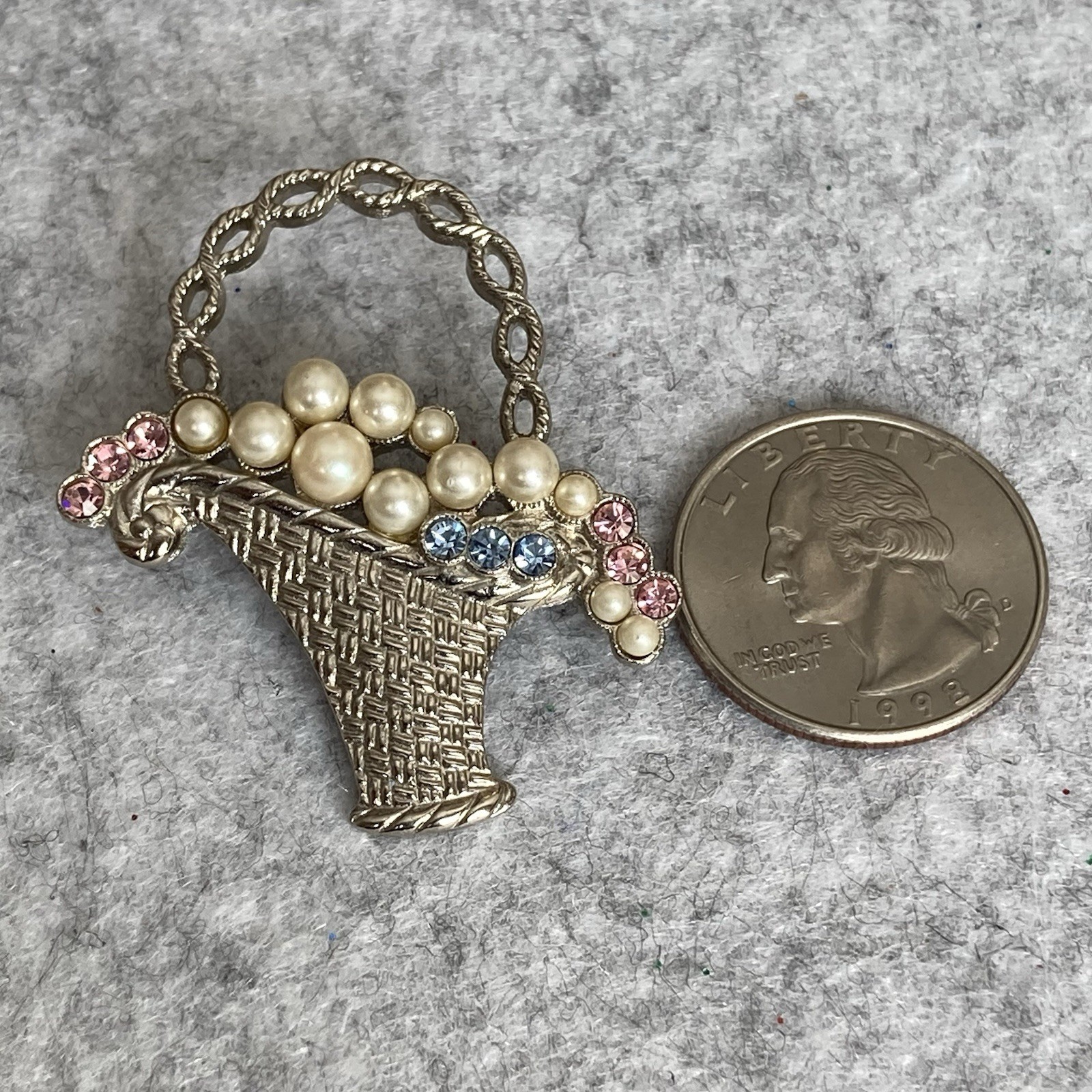 VTG Flower Basket & Wheelbarrow Brooch Lot of 2 Faux Pearls Enamel 1928 Brand