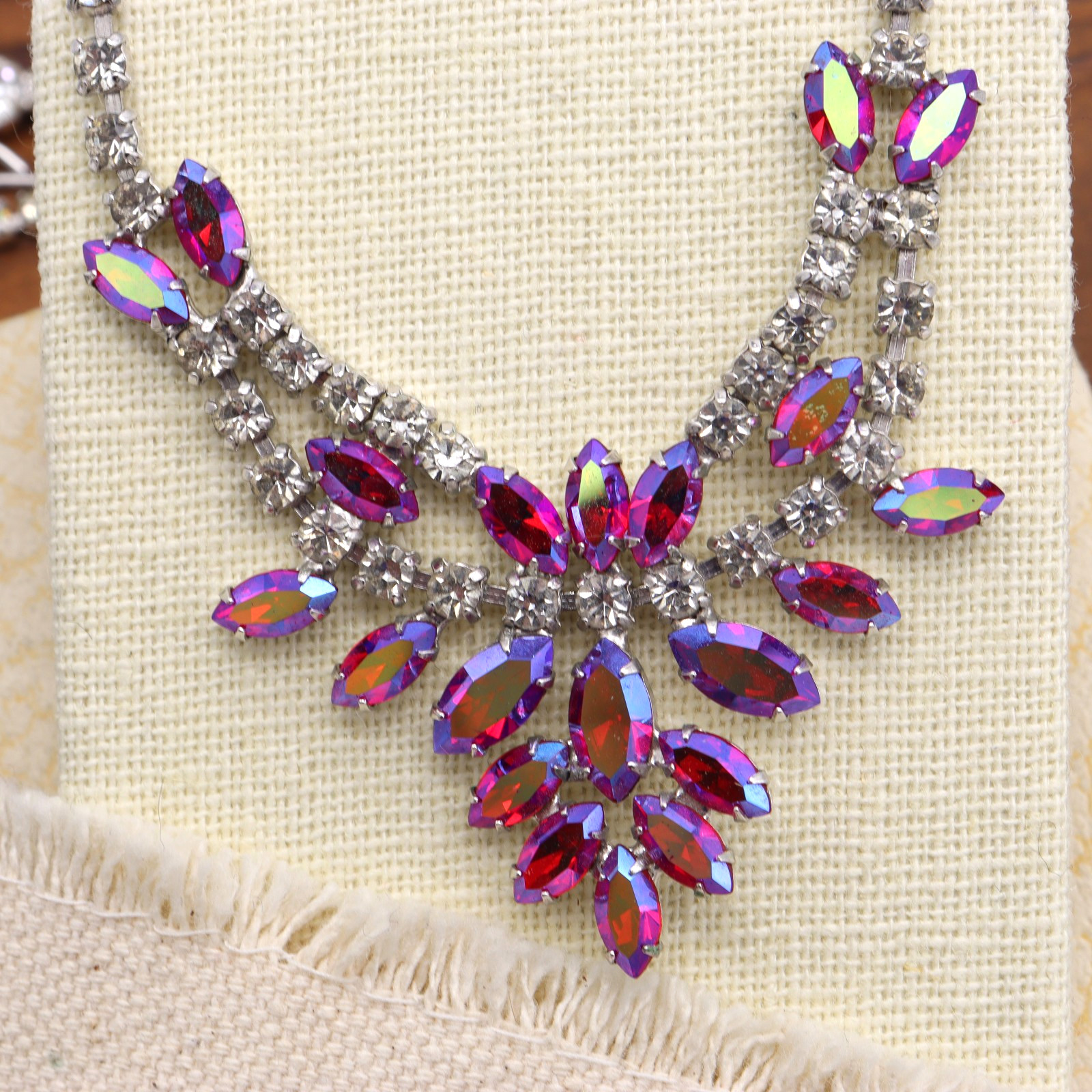 Vtg B. David Rhinestone Necklace Pink AB Red Clear Choker Signed Marquise