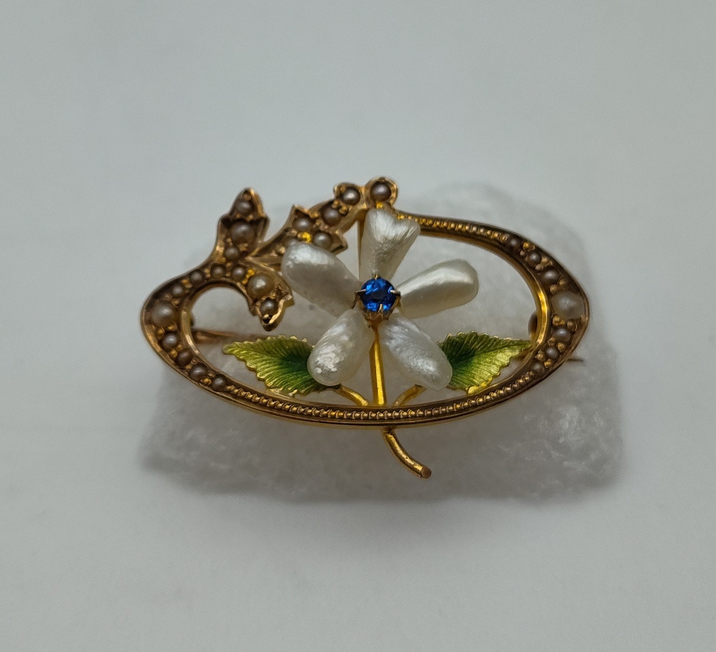 Antique Flower Pearl Blue Stone 10K Yellow Gold Green Enamel Brooch Pin Lapel