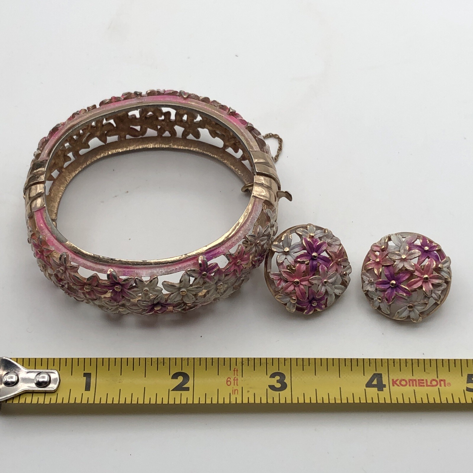 Vintage Floral Flower Pastel Enamel Pink Purple White Earring Bracelet Set
