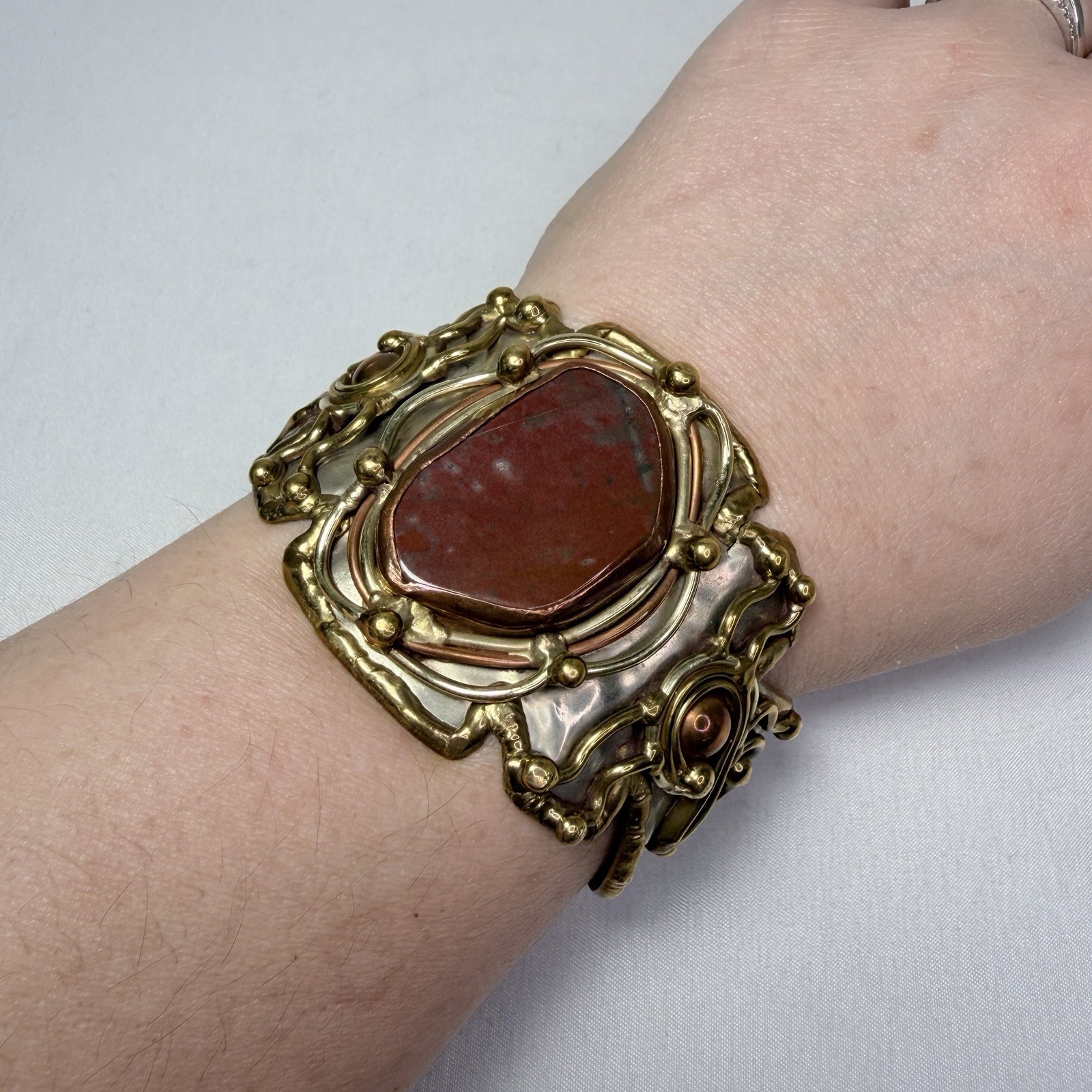 Beautiful Brutalist Mixed Metal Cuff Bracelet Brass & Copper Large Natural Stone