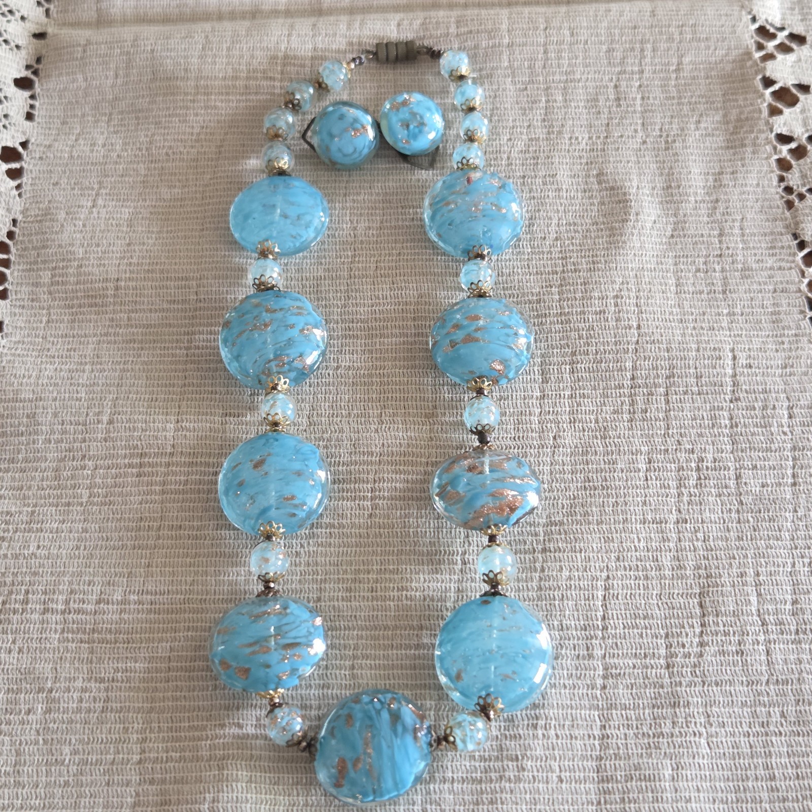 Vtg Light Blue Gold Foiled Venetian Art Glass Necklace & Clip-On Earrings Italy