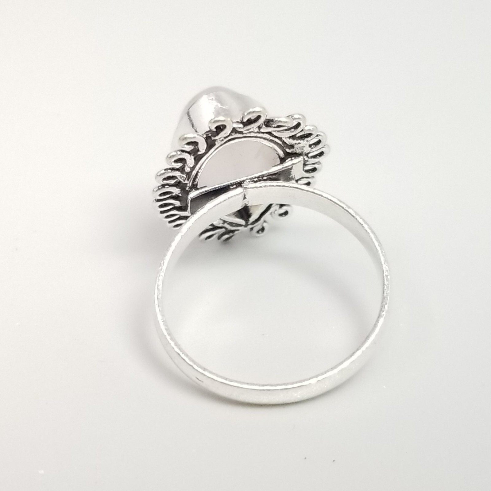 Vintage Marquise Shape Cabochon Ring, Very Light Pink, Size 7.5 Silver Tone Band
