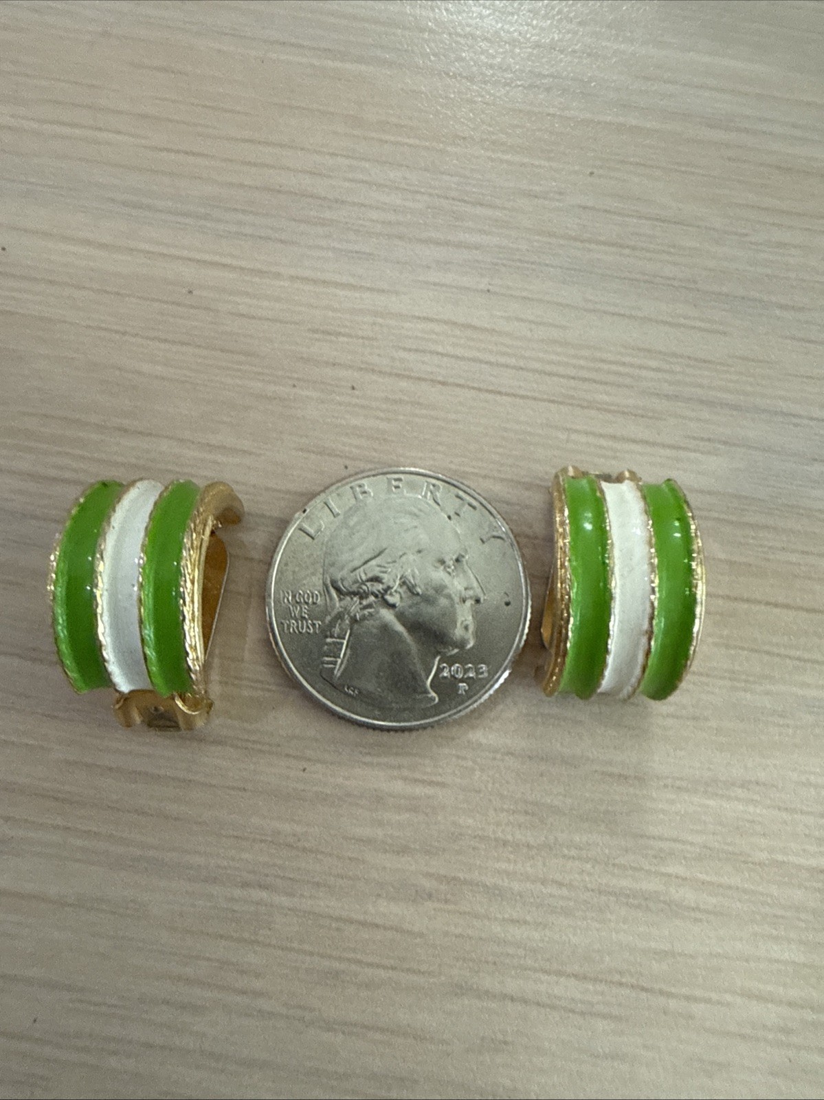 MIMI DI N Lime Green And White Striped Enamel Half Hoop Clip Earrings Gold Tone