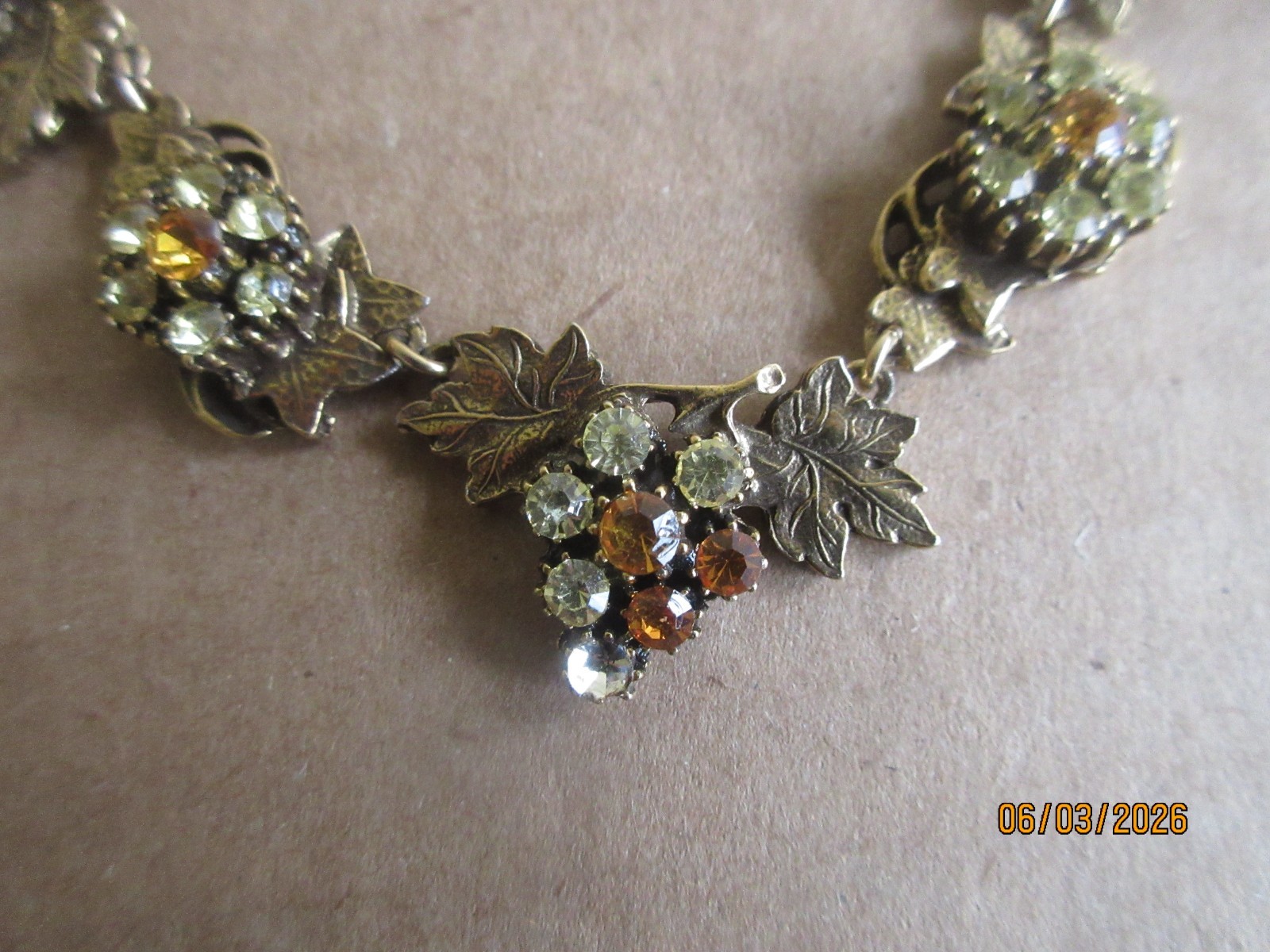 Vintage Unsigned Rhinestone Grape Cluster & Leaves Necklace
