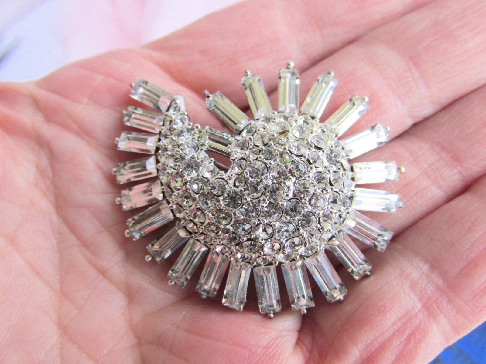Vintage Elegant Clear Baguettes Rhinestone Pin Silver Plate Curled Fan Shape