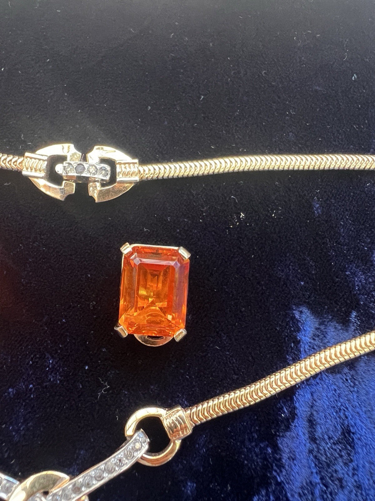 Mazer Deco gold plated faux topaz rhinestones necklace/Earrings 1960’s ca, USA.