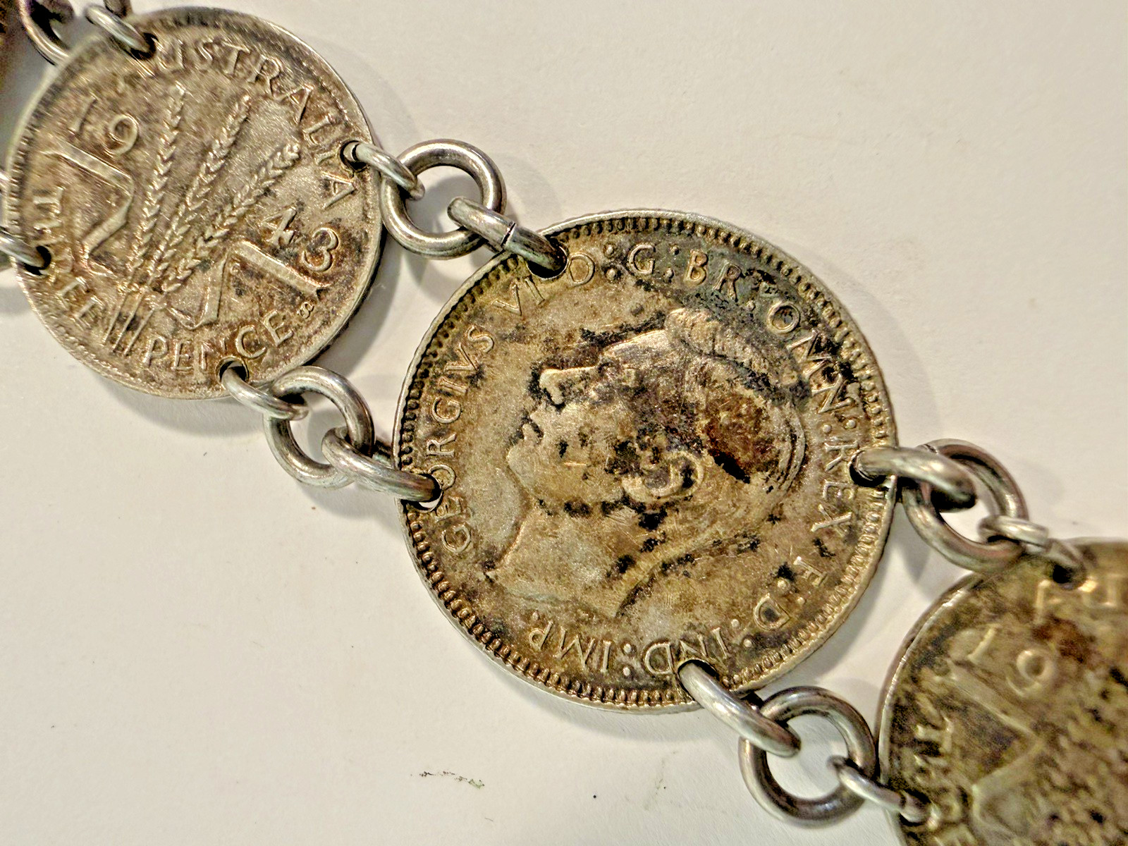 vintage coin Link bracelet 1940s Handmade australian sixpence threepence
