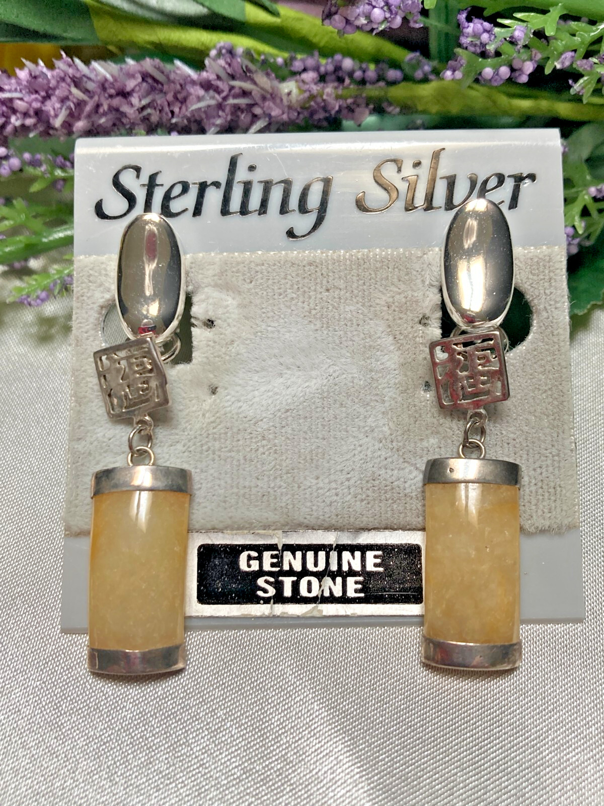 Beautiful Vintage Amber Jade Sterling Silver Asian Theme Dangle Drop Earrings