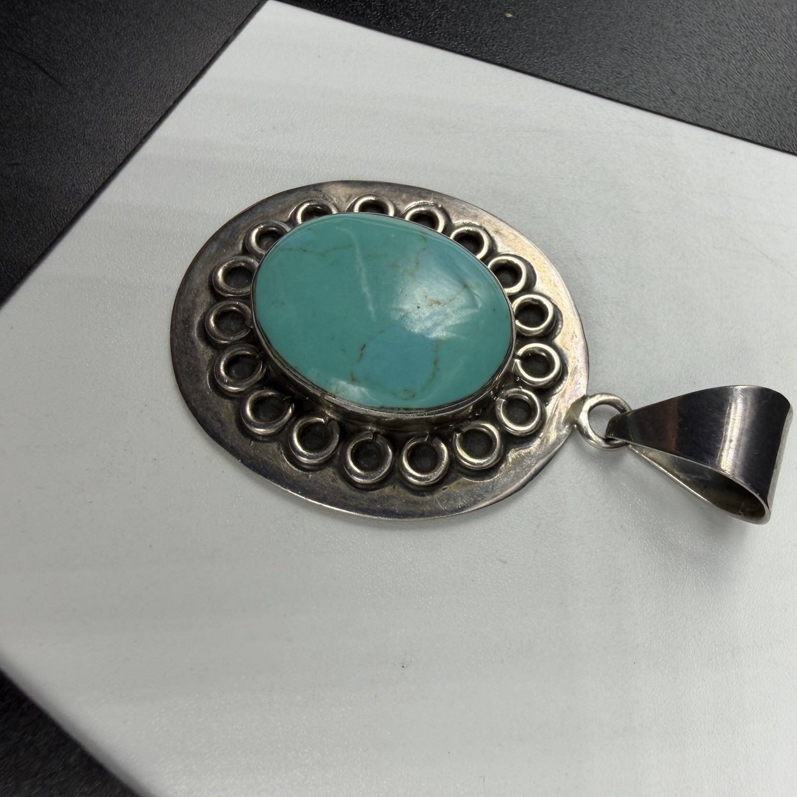 Vintage Taxco TL-83 Sterling Silver 2.25″ Drop Oval Turquoise Pendant Mex 17.2g