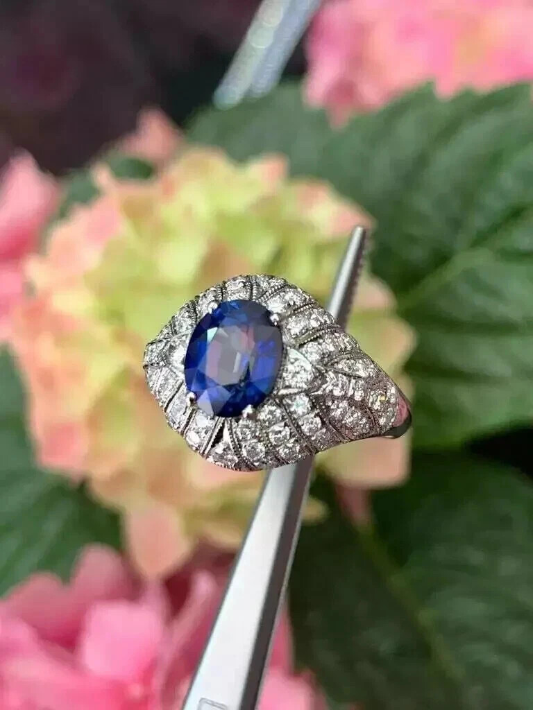 Art Deco Style Lab Created Sapphire Diamond 14k White Gold Finish Wedding Ring