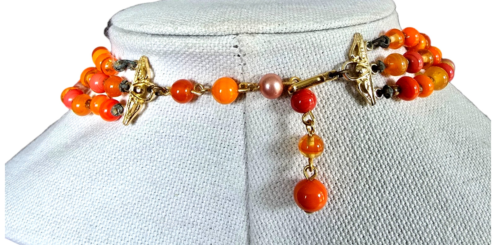 Vintage Japan 3 Multi-Strand Beaded Necklace Orange Pink Art Glass Beads