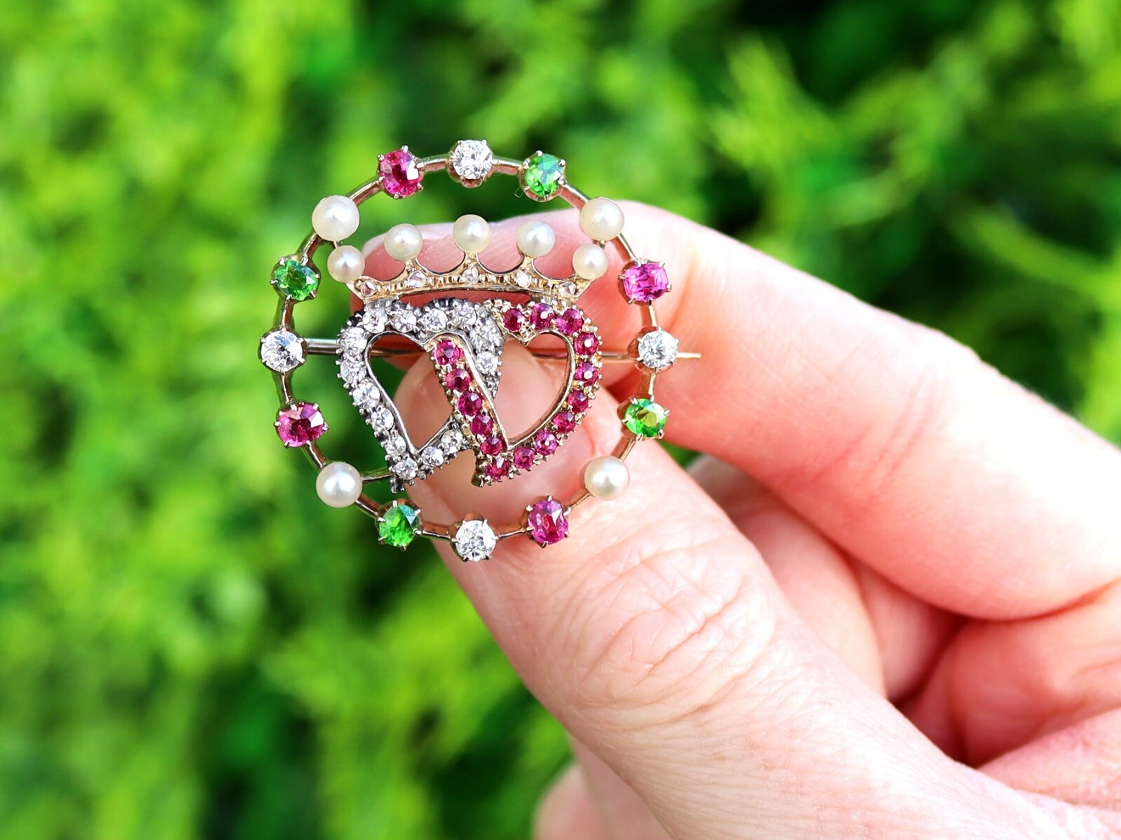 Pearl, 0.30Ct Demantoid Garnet, 0.45Ct Ruby, 0.35Ct Diamond, 14k Gold Brooch