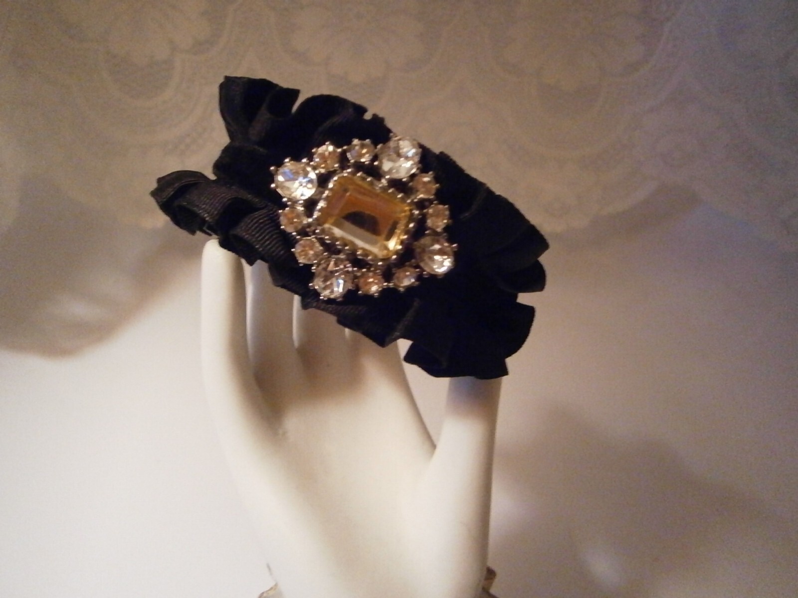 Vintage Yellow White Rhinestone Black Velvet & Satin Ruffle Cuff Bracelet