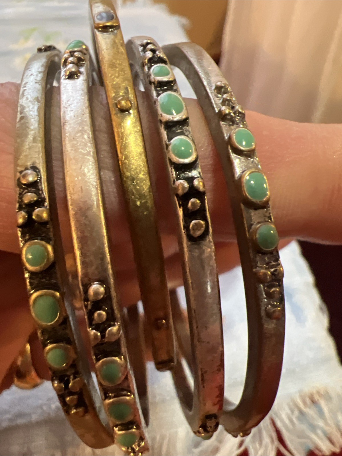 Vtg Brass Silver Tone 5 Stacking Southwest Turquoise Enamel Bangle Bracelet Lot