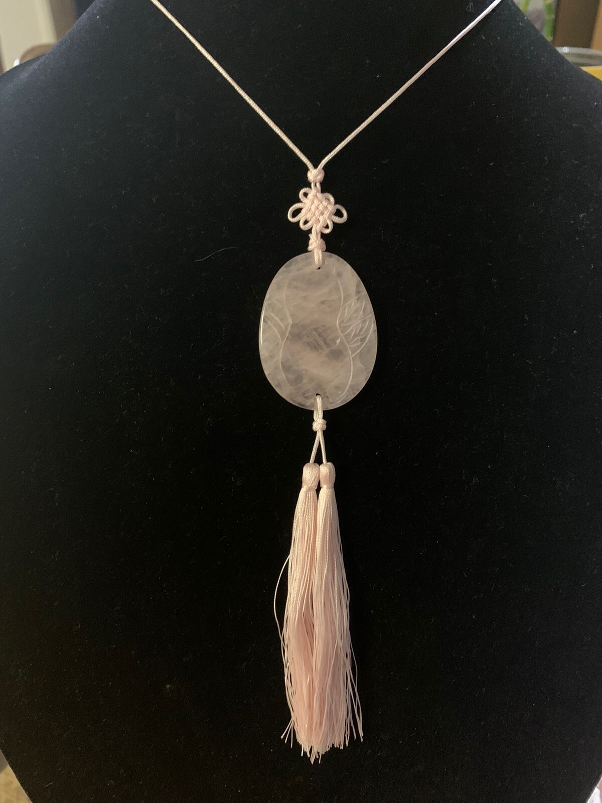 21″ VINTAGE CHINESE EXPORT CARVED PINK ROSE QUARTZ TASSEL PENDANT NECKLACE