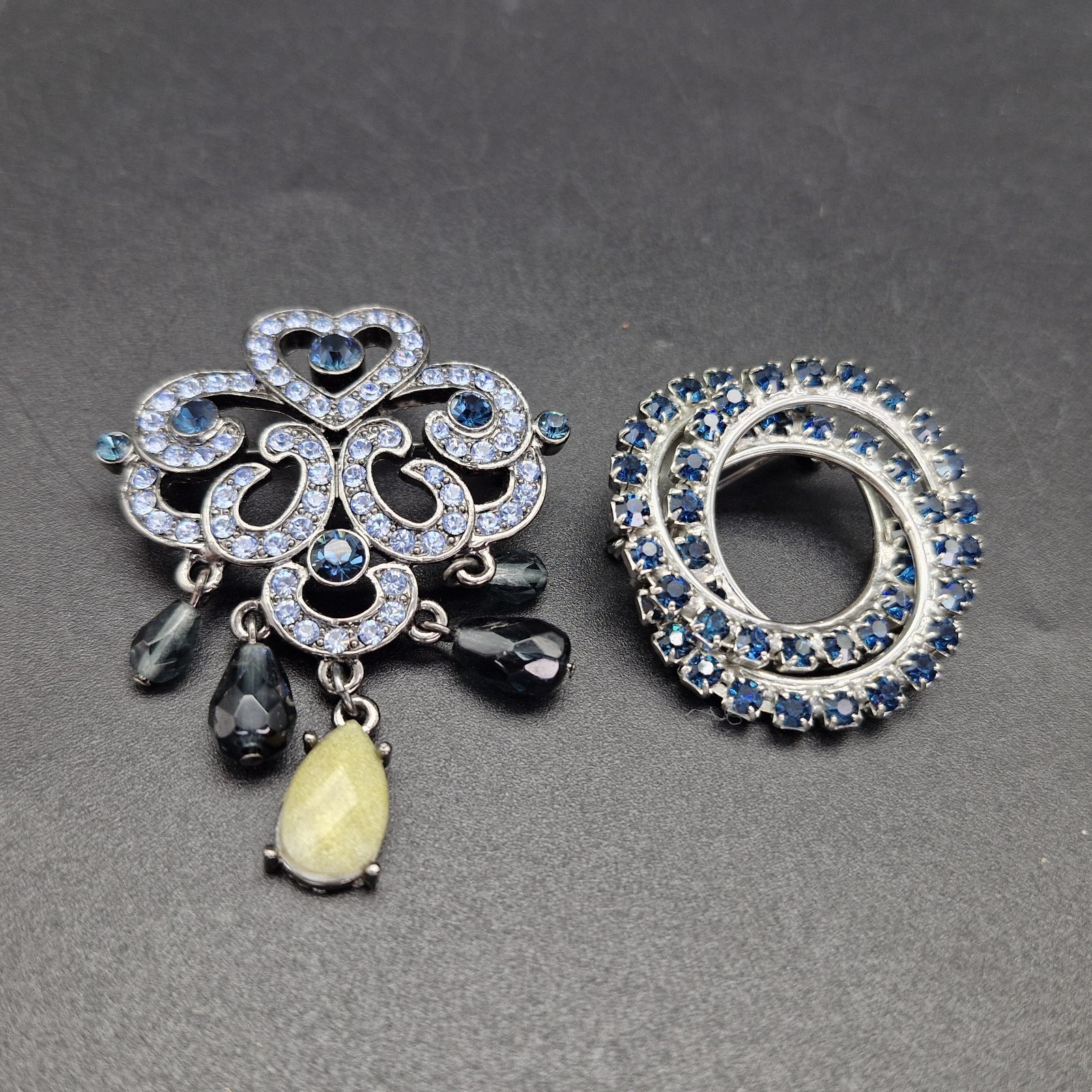 2 Vintage Silver Tone Sapphire Glass Rhinestone Brooches Deco Inspired 1.5-2″