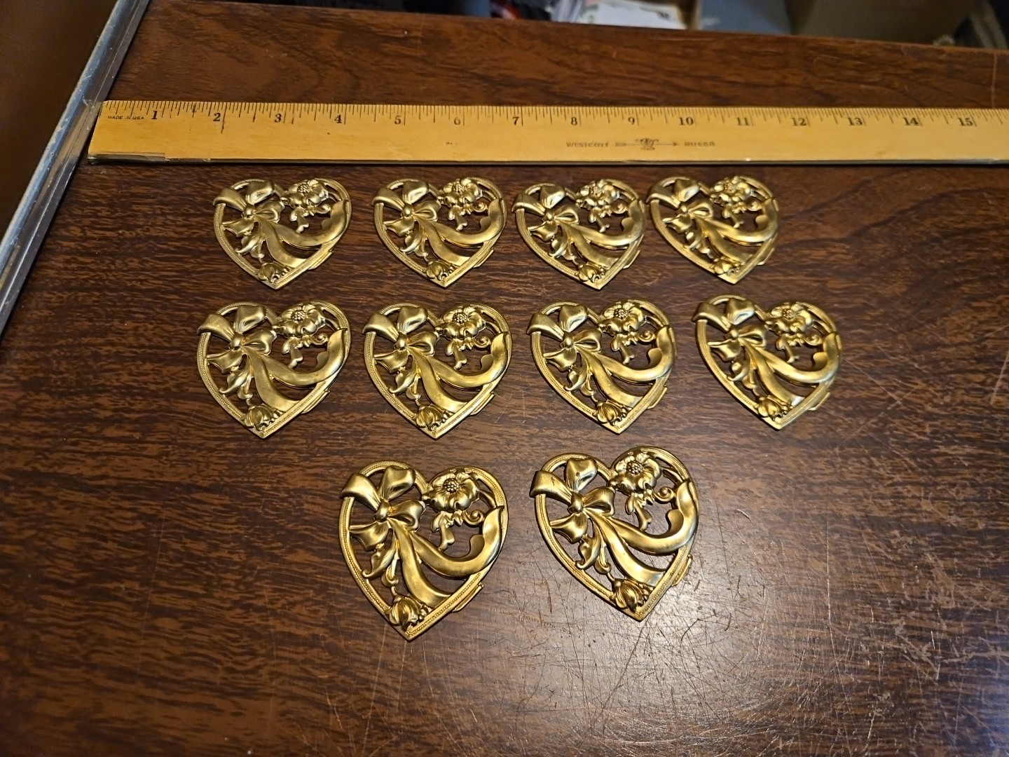 Lot Of 10 Hearts W Flower France Vintage 60s Brass Stampings Findings Jewelry