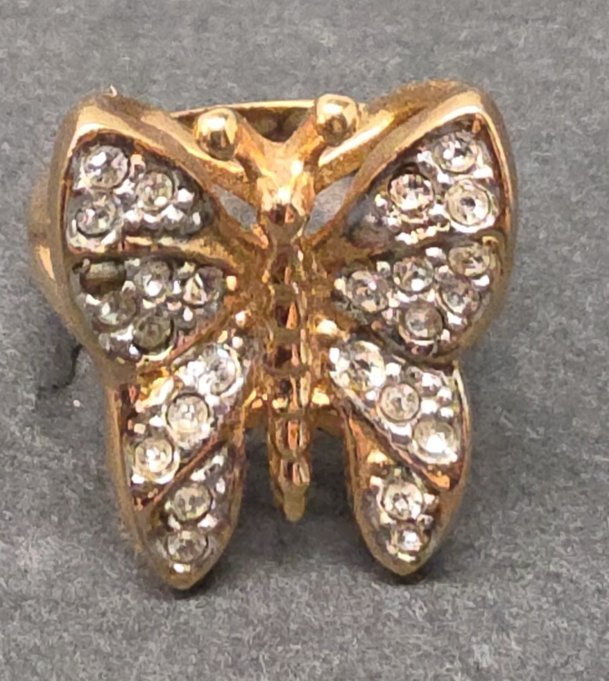 Vintage 18kt GF Gold Filled 3D Butterfly Simulated Diamond Ring size 7