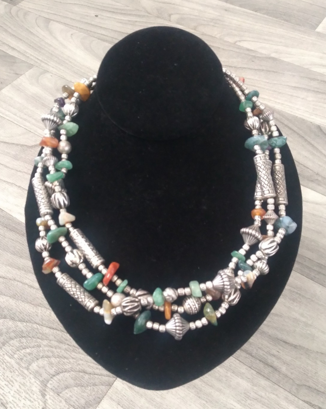 Vintage Silver Stone Necklace Beaded 3 Strand 18 inches