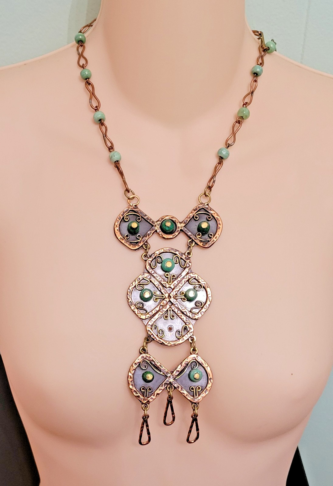 Vintage Casa Maya Copper Brass Green Stone Statement Pendant Necklace as-is ~24″