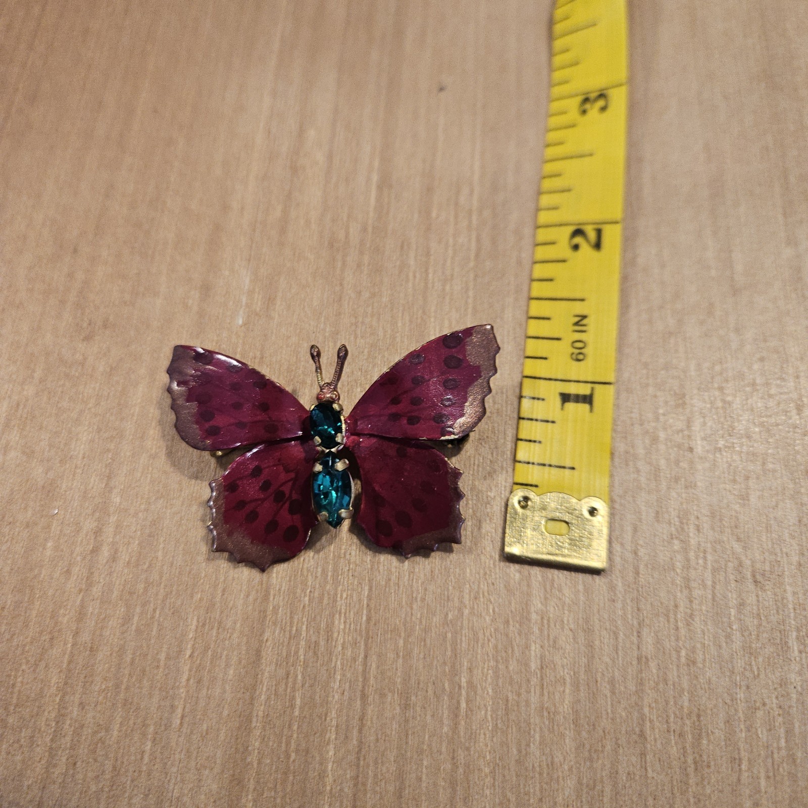 Vintage Czechoslovakia Butterfly Brooch Burgundy Enamel Teal Blue Glass Stones