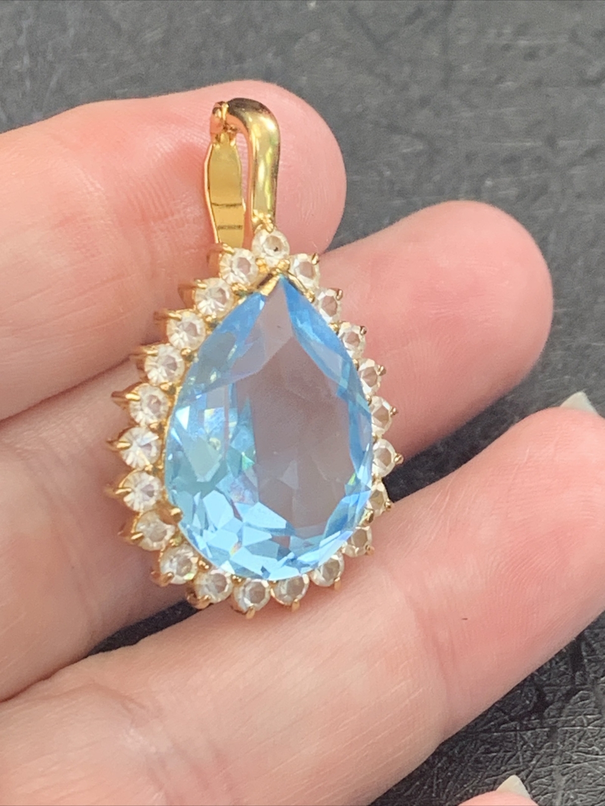 Vintage Quality large Faux blue topaz Clear stone Necklace Enhancer 1”